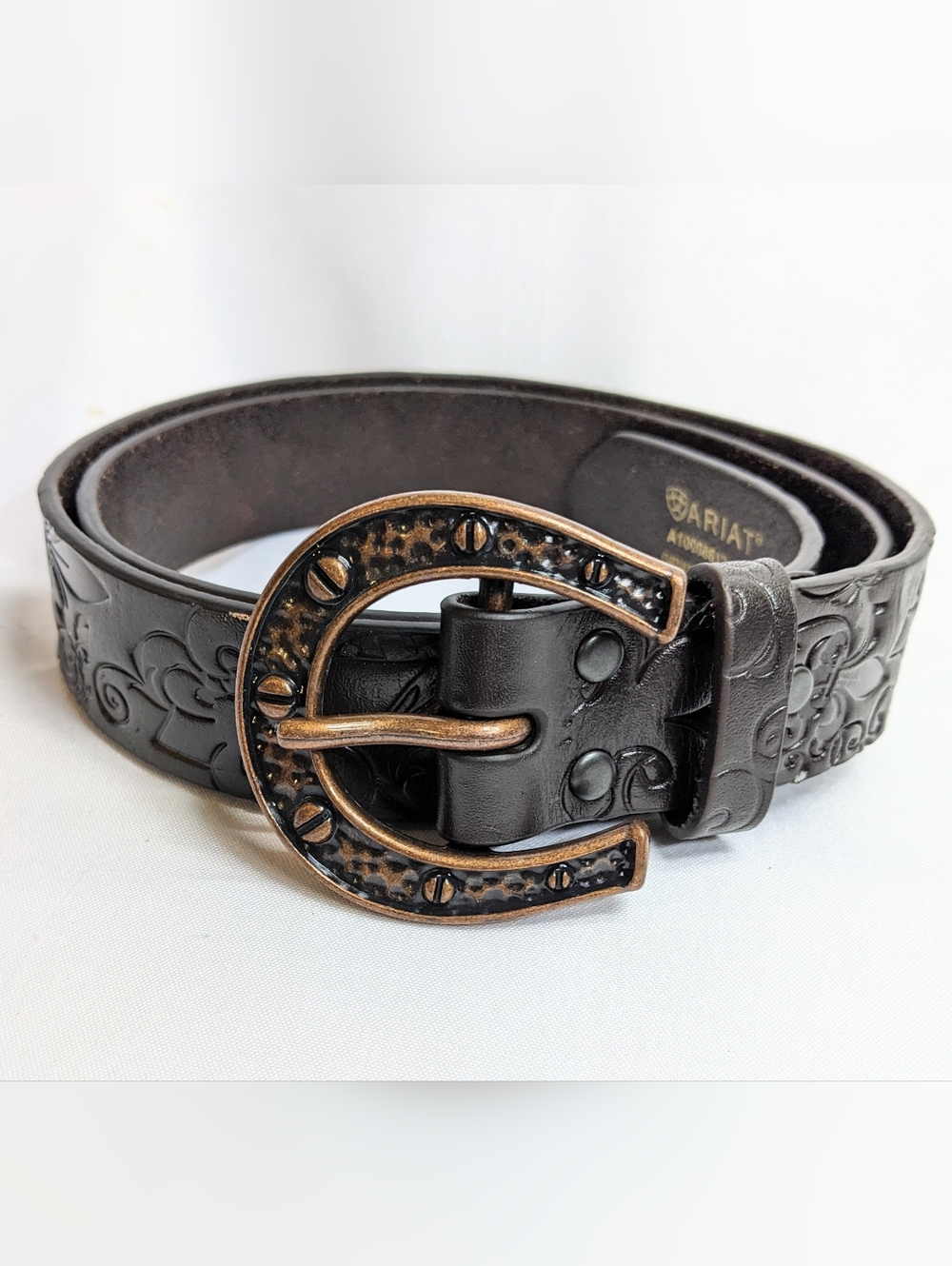 Ariat Woman's "Charmed" Belt, Embossed Leather, Horseshoe Buckle, Sz Large